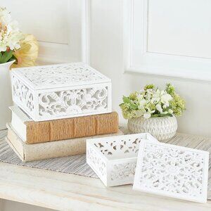 Set of 2 Wooden Carved Design Keepsake Boxes by Valerie - White h236319 '